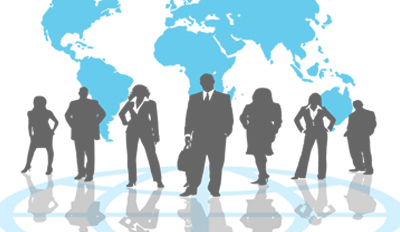 Group of successful business people on map of world